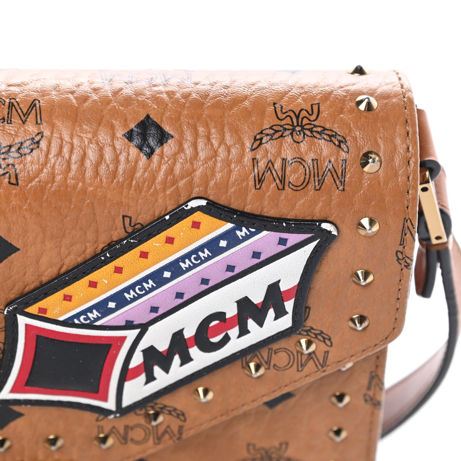 MCM Visetos Studded Victory Patch Patricia Shoulder Bag Cognac 15 of 19