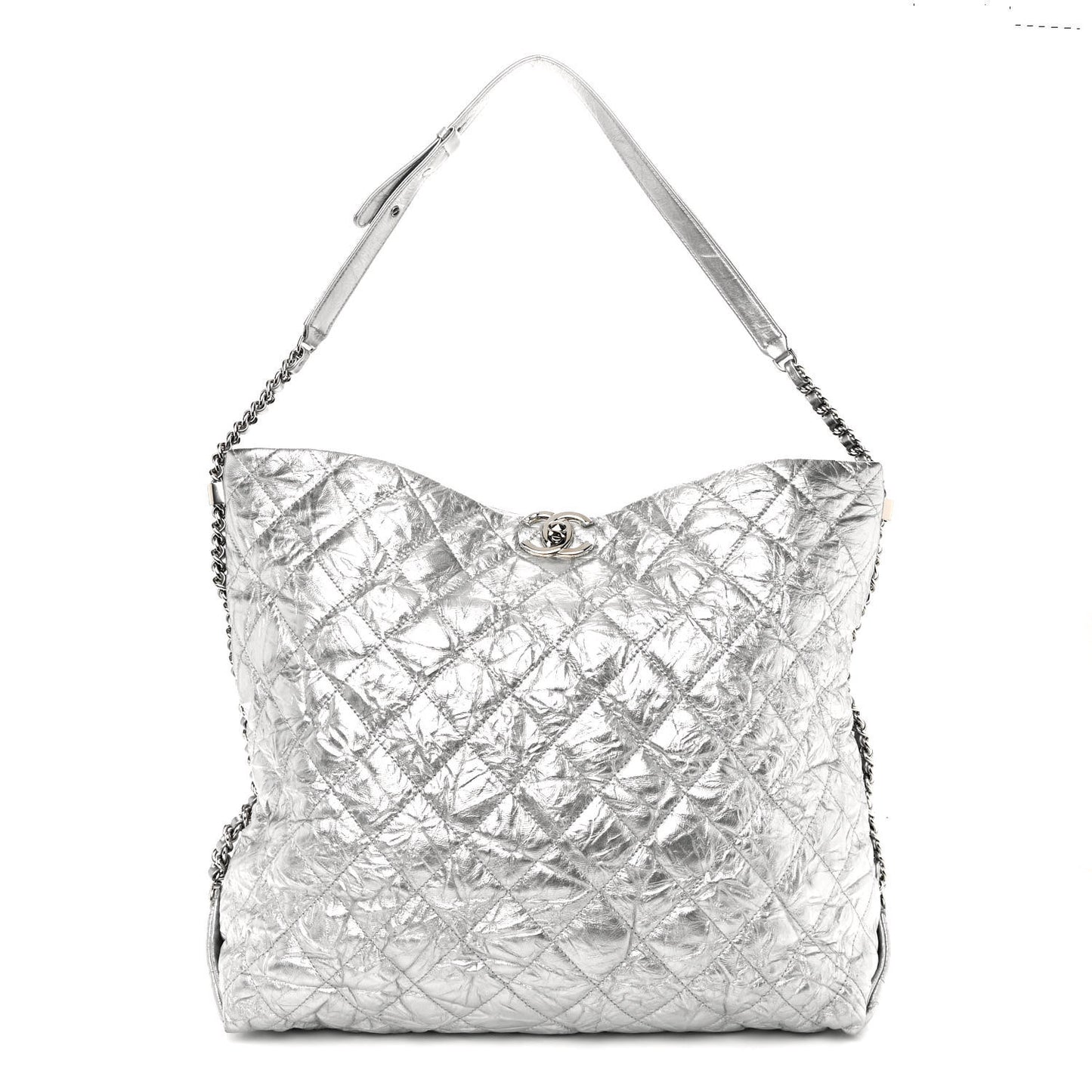 Metallic Crackled Calfskin Quilted Large Big Bang Hobo Silver