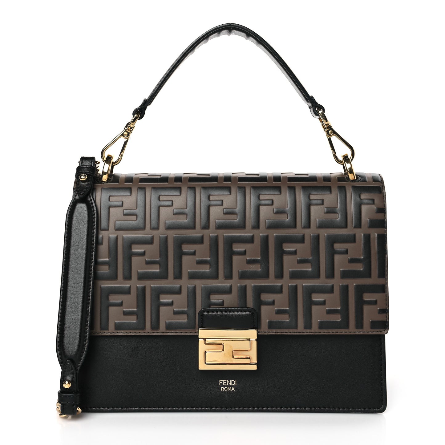 Vitello Liberty Bi-Color FF 1974 Embossed Chain Strap Kan U Shoulder Bag Black Maya