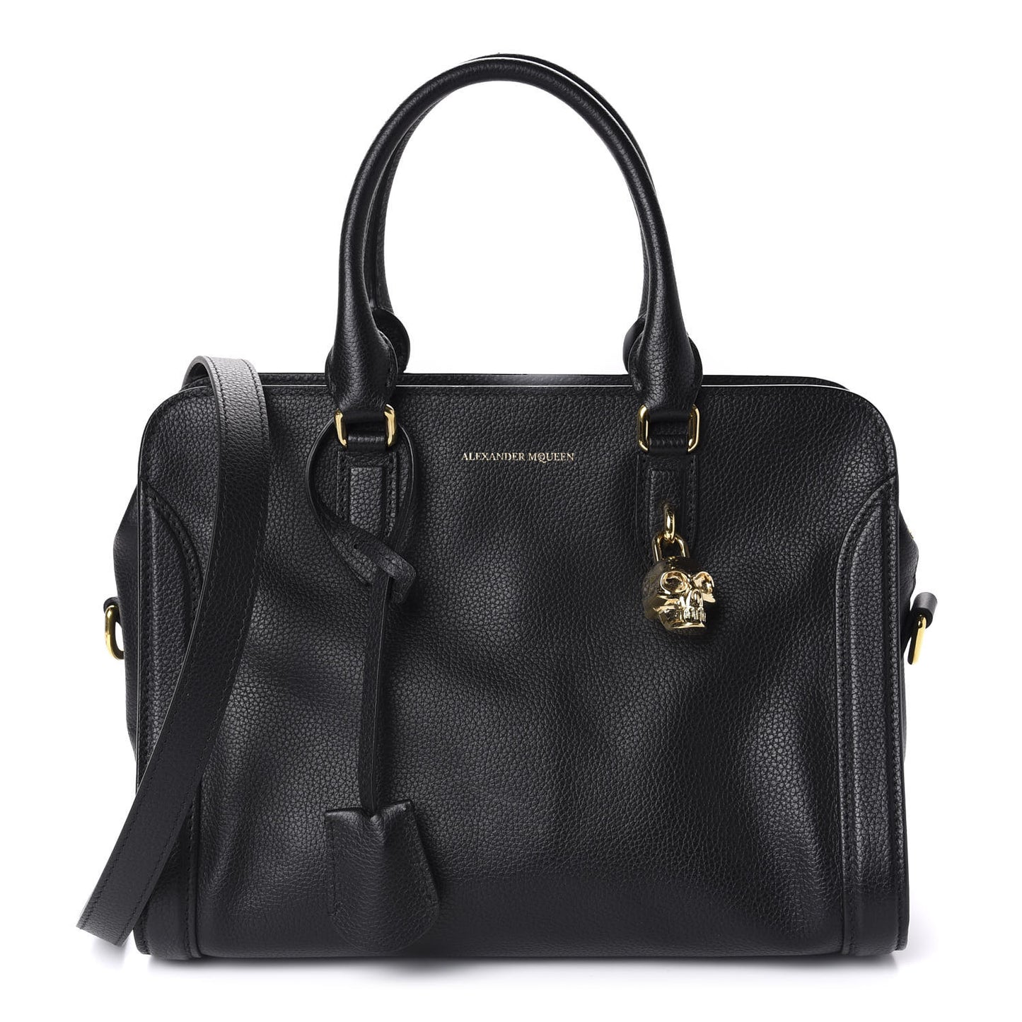 Pebbled Calfskin Small Skull Padlock Zip Around Tote Black