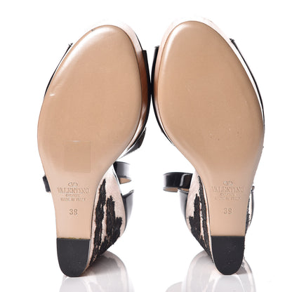 Valentino Garavani Calfskin Lace Applique Wood Wedge Sandals 39 Black 7 of 15