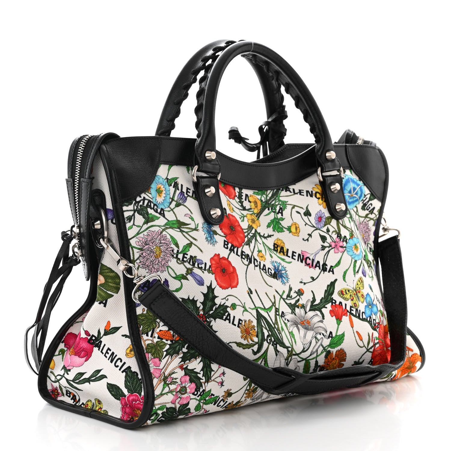 Balenciaga X GUCCI Canvas Azalea Calfskin Flora Logo Print Neo Classic Silver Hardware Medium City White Multicolor Black 4 of 11