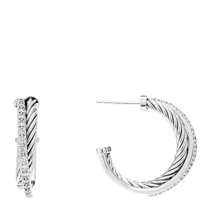 David Yurman Sterling Silver 14K White Gold Diamond Small Crossover Hoop Earrings 1 of 4