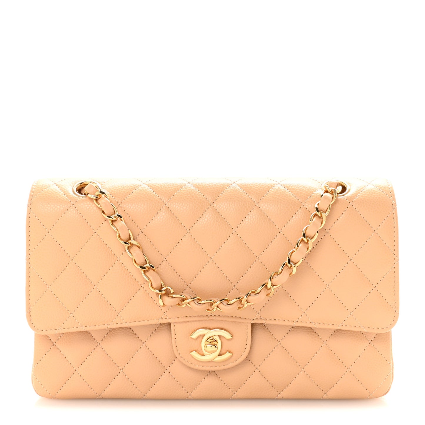 Caviar Quilted Medium Double Flap Beige