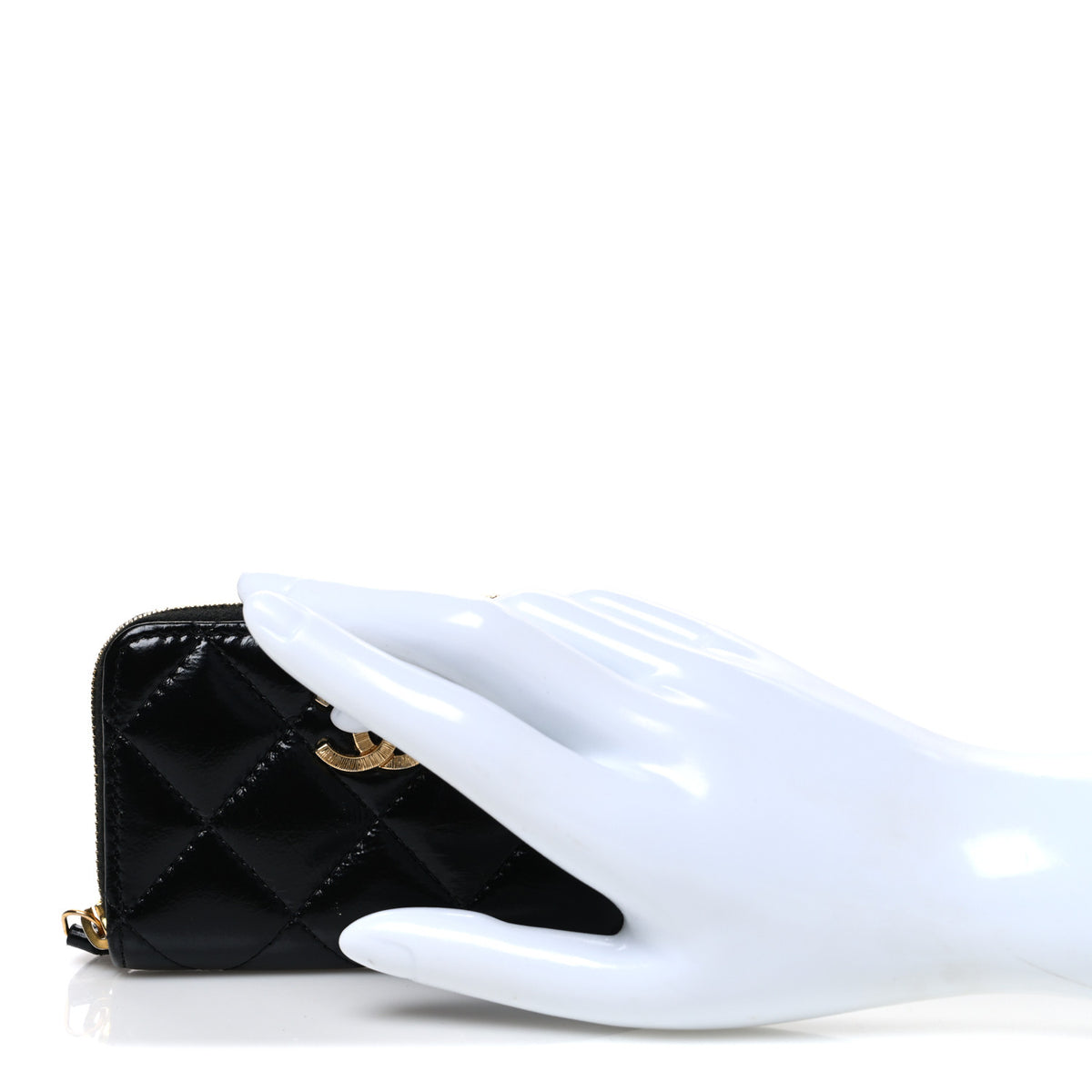 Shiny Lambskin Quilted Textured CC Zip Coin Purse Black
