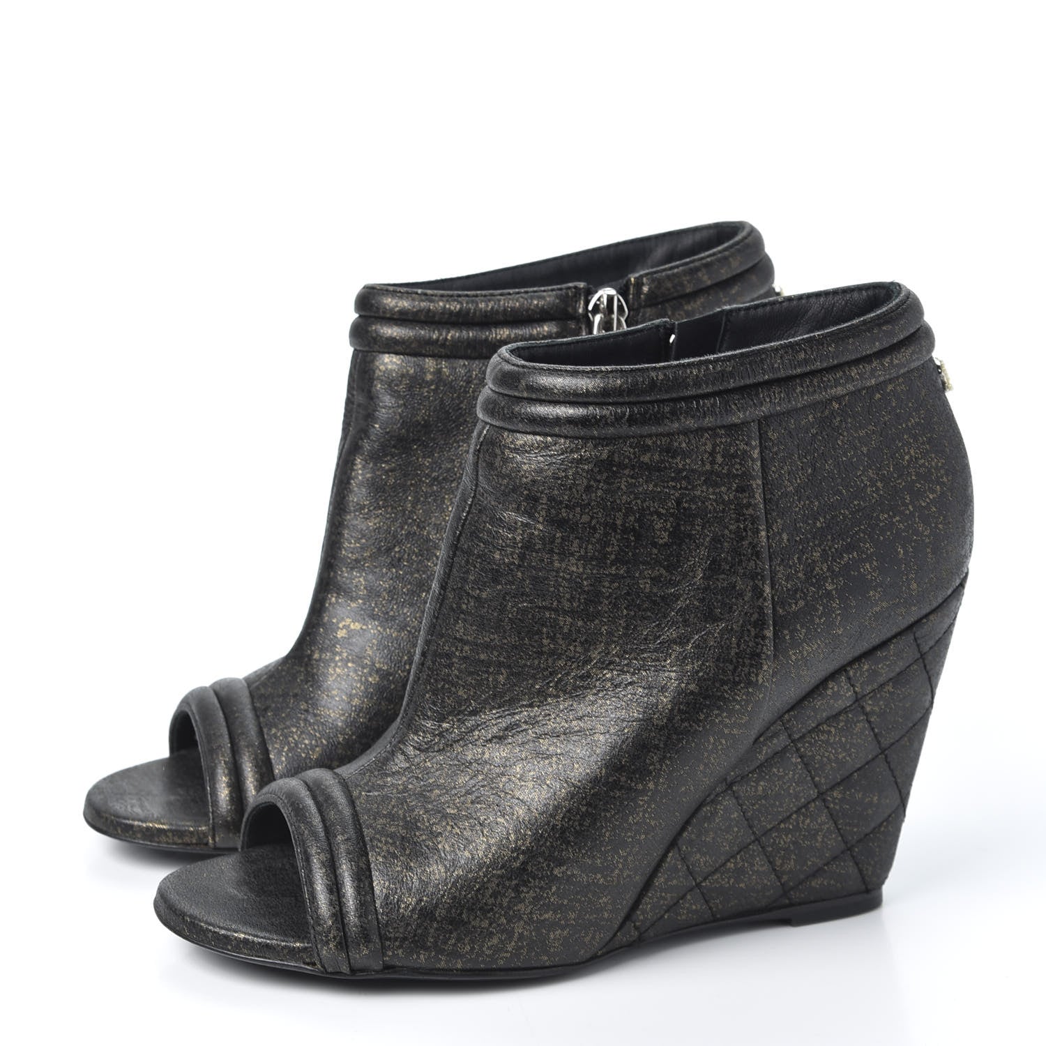 Chanel Fantasy Lambskin Peep Toe Short Boots 37.5 Black Gold 3 of 11