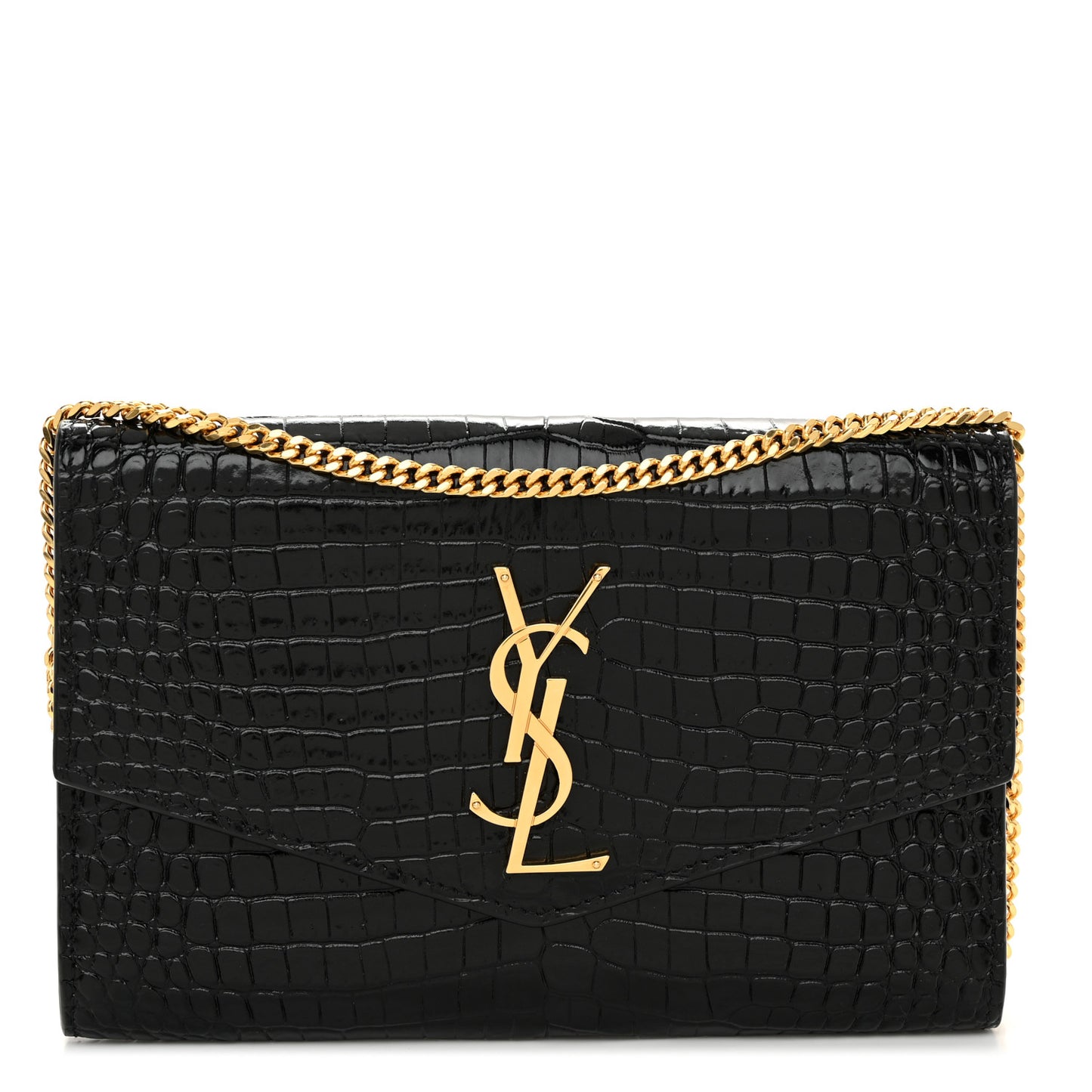 Calfskin Crocodile Embossed Monogram Uptown Chain Wallet Black