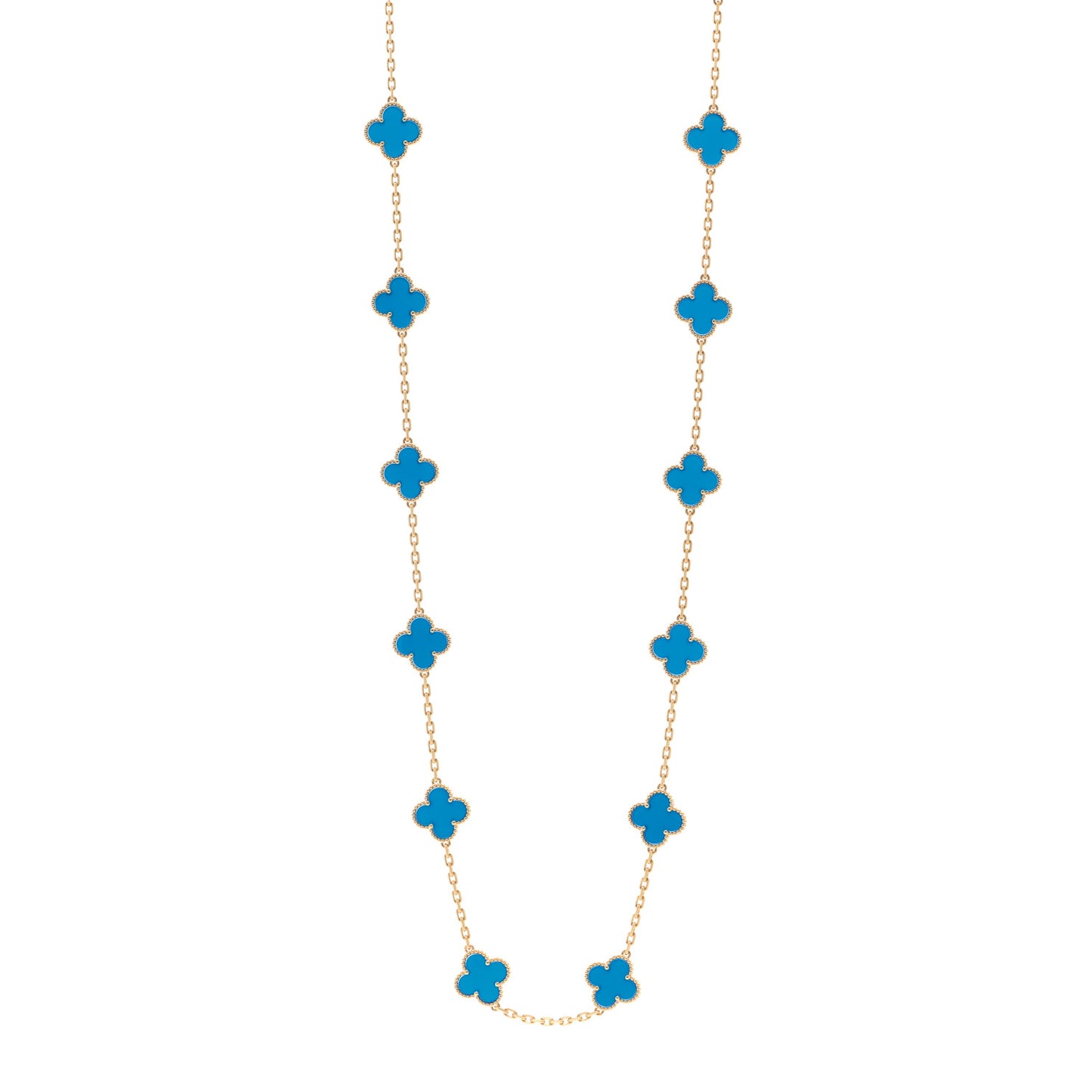18K Yellow Gold Blue Agate 20 Motifs Vintage Alhambra Necklace