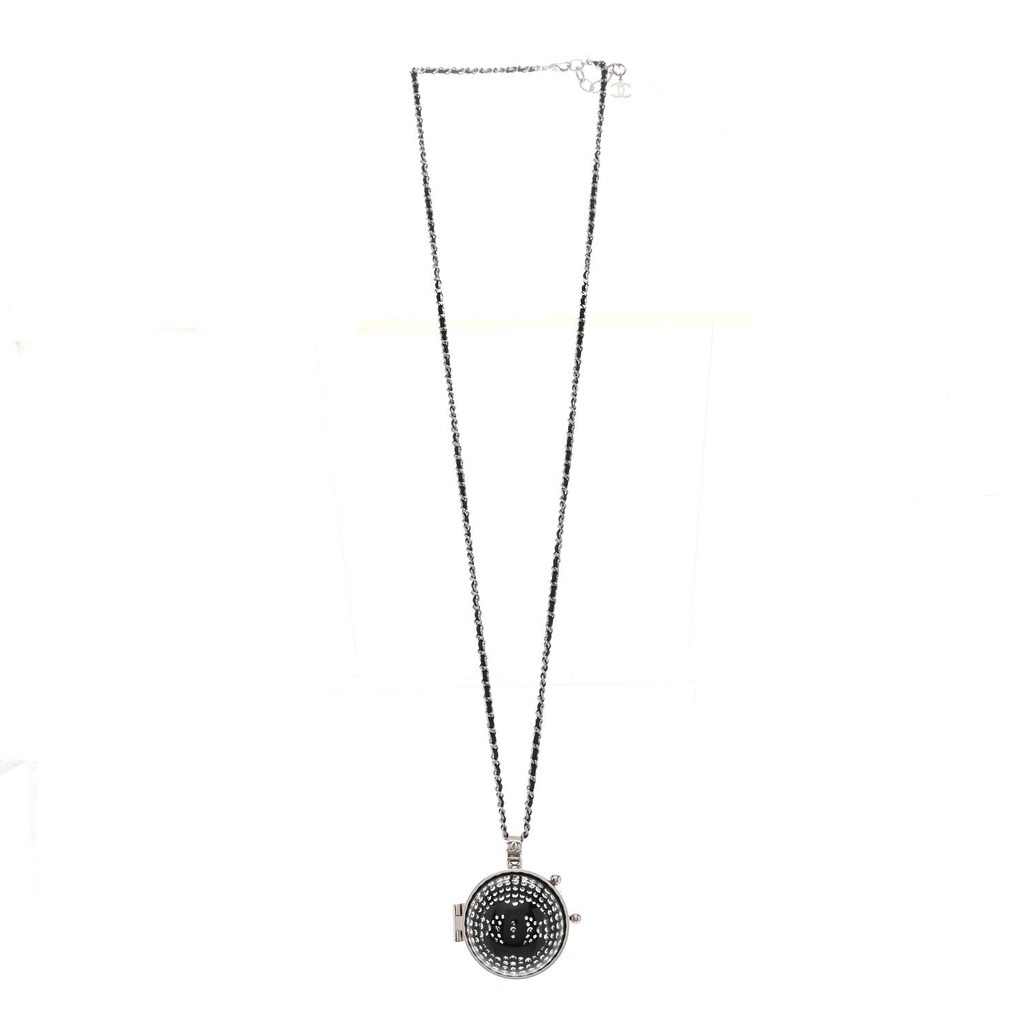 Chanel Resin Crystal Lambskin Ball Mirror Necklace Black Silver 3 of 7