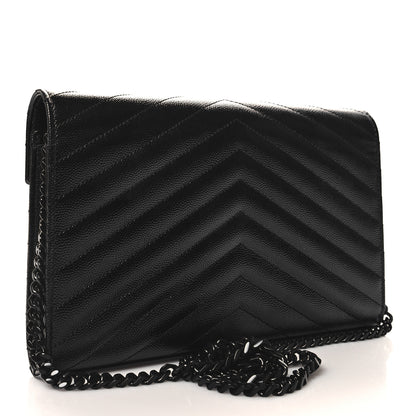 Saint Laurent Grain De Poudre Matelasse Chevron Monogram Monochrome Chain Wallet Black 3 of 11