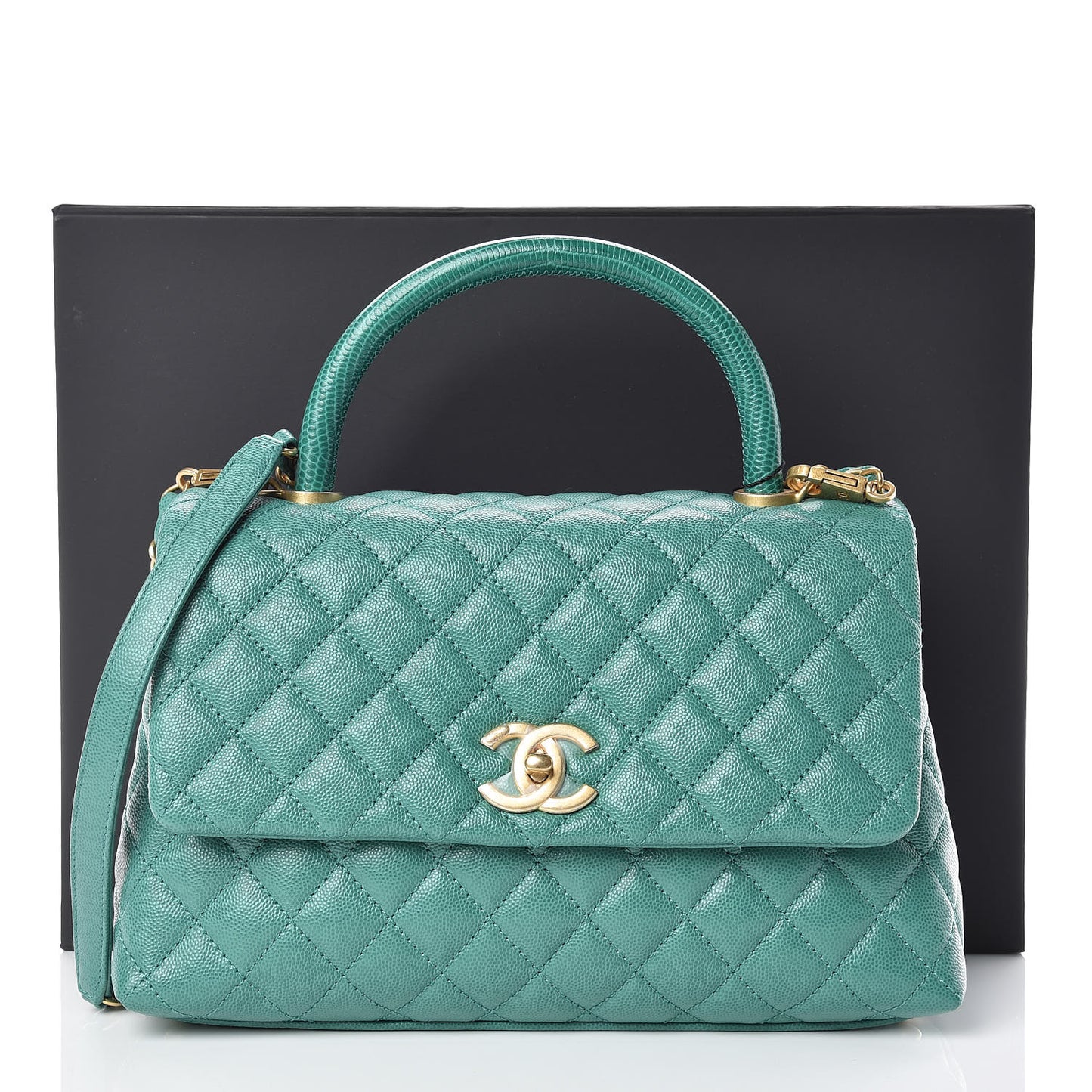 Caviar Lizard Quilted Small Coco Handle Flap Green