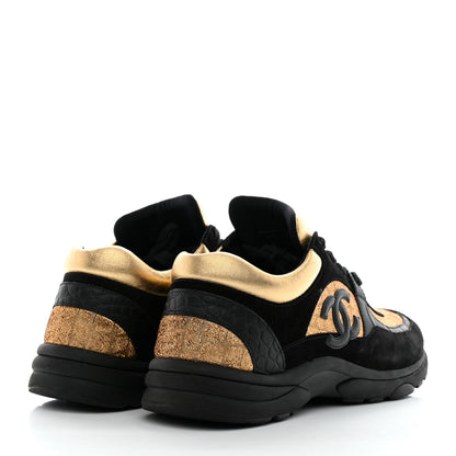 Chanel Metallic Fabric Suede Calfskin Crocodile Embossed Mens CC Sneakers 43 Black Gold 4 of 9
