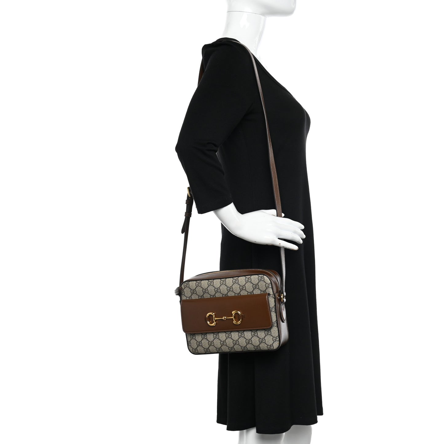 GG Supreme Monogram Small Horsebit 1955 Shoulder Bag Beige Brown Sugar