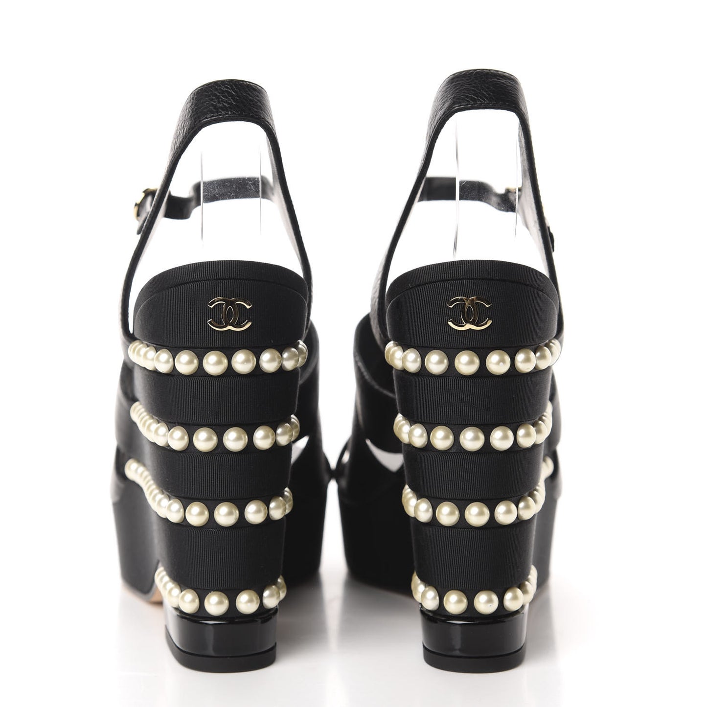 Calfskin Grosgrain Pearl Wedge Sandals 40 Black