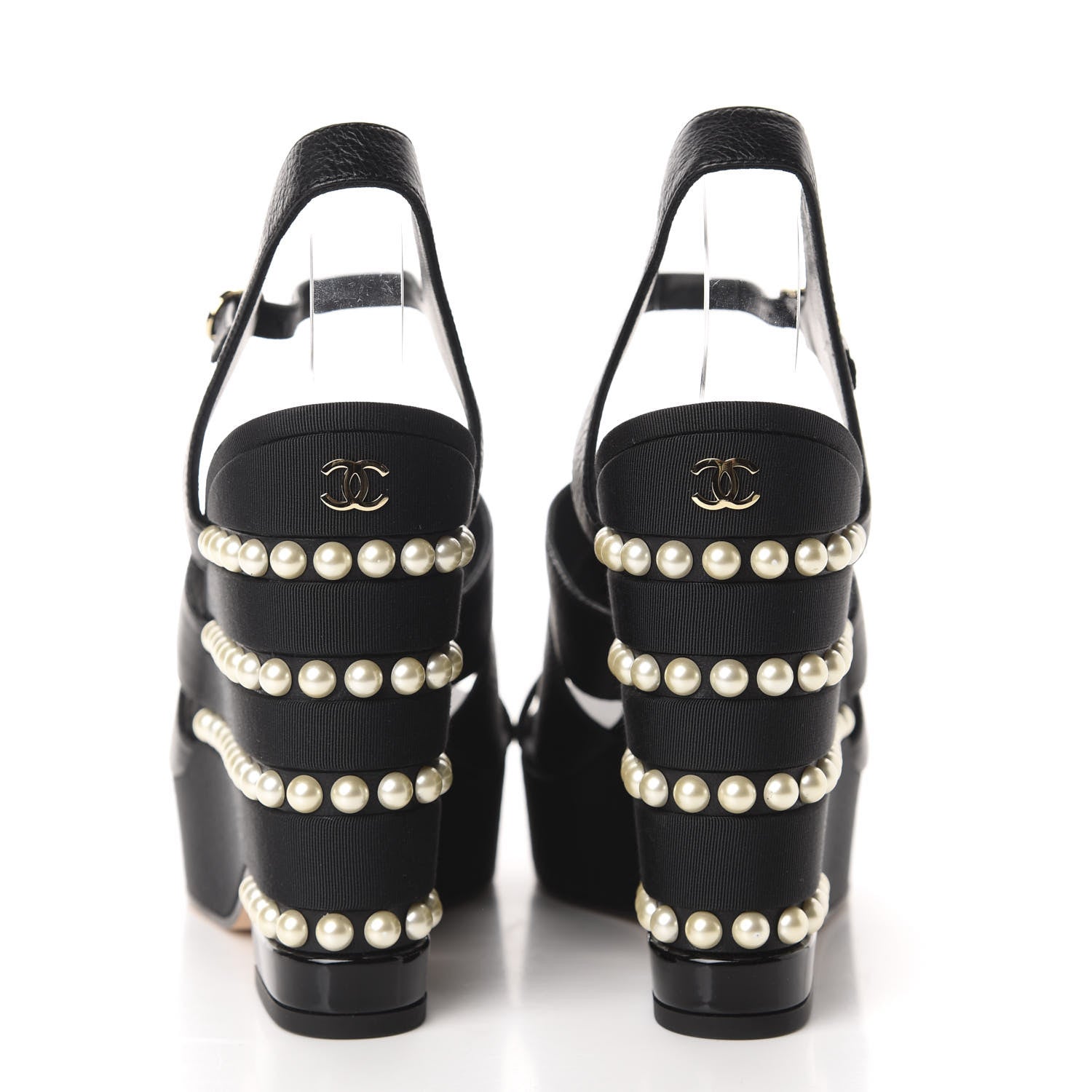 Chanel Calfskin Grosgrain Pearl Wedge Sandals 40 Black 5 of 10