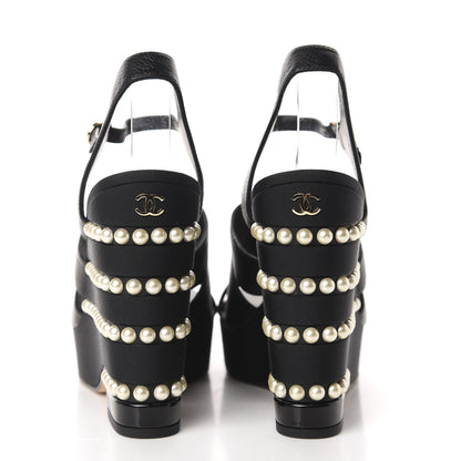 Chanel Calfskin Grosgrain Pearl Wedge Sandals 40 Black 5 of 10