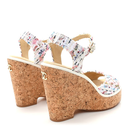Chanel Tweed Cork CC Wedge Sandals 39 Ecru Pink Blue Green 5 of 8