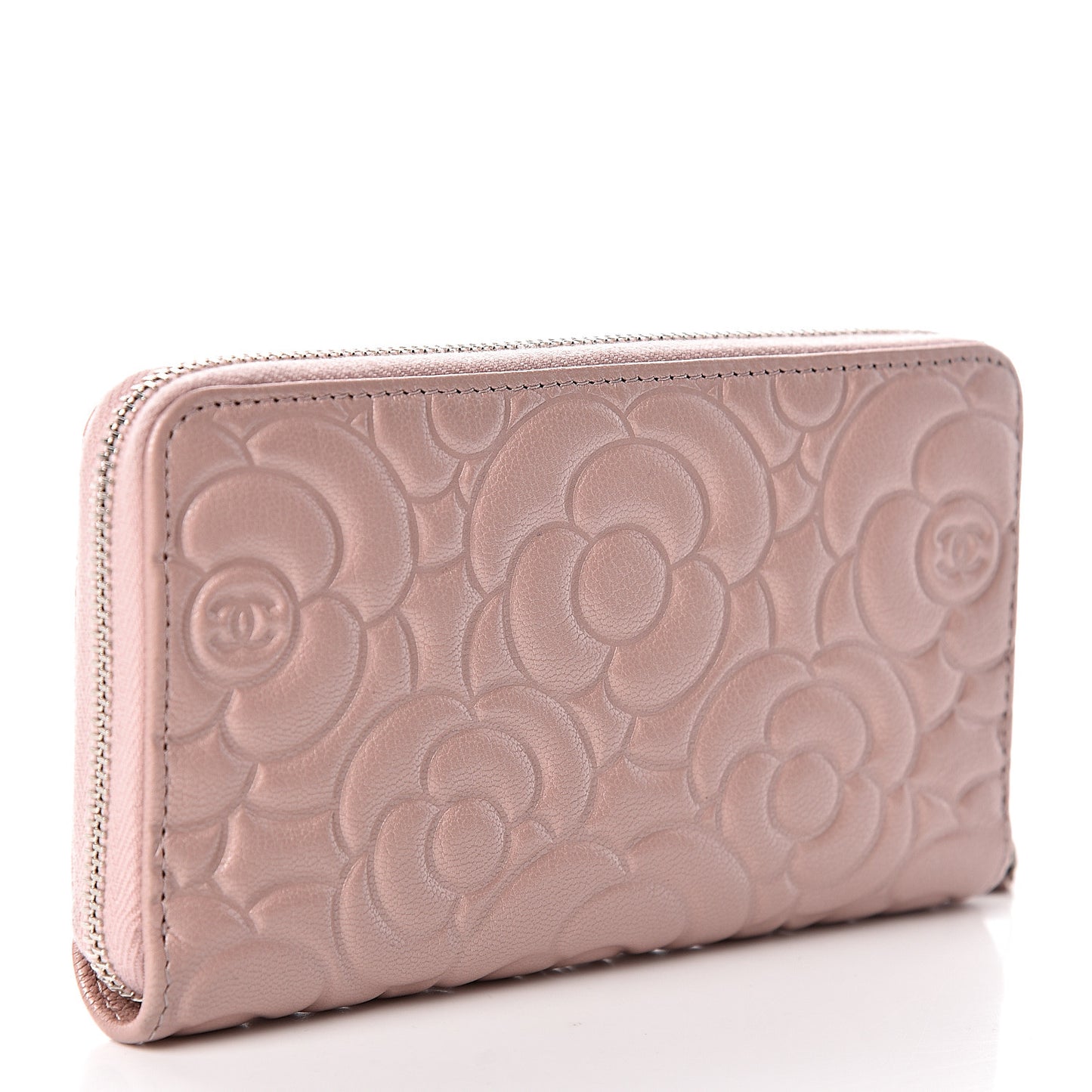 Goatskin Camellia Embossed Medium Zip Around Wallet Light Pink
