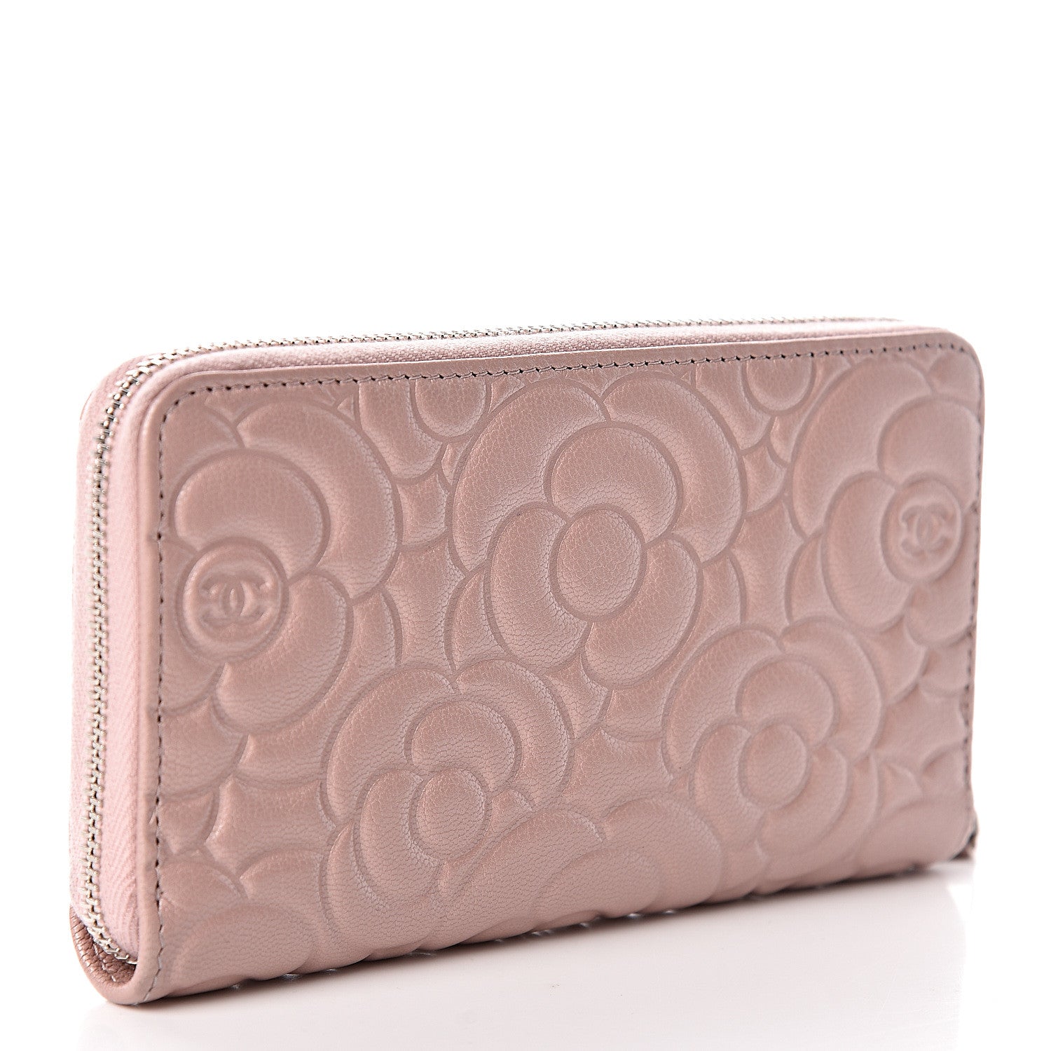 Chanel Goatskin Camellia Embossed Medium Zip Around Wallet Light Pink 3 of 9
