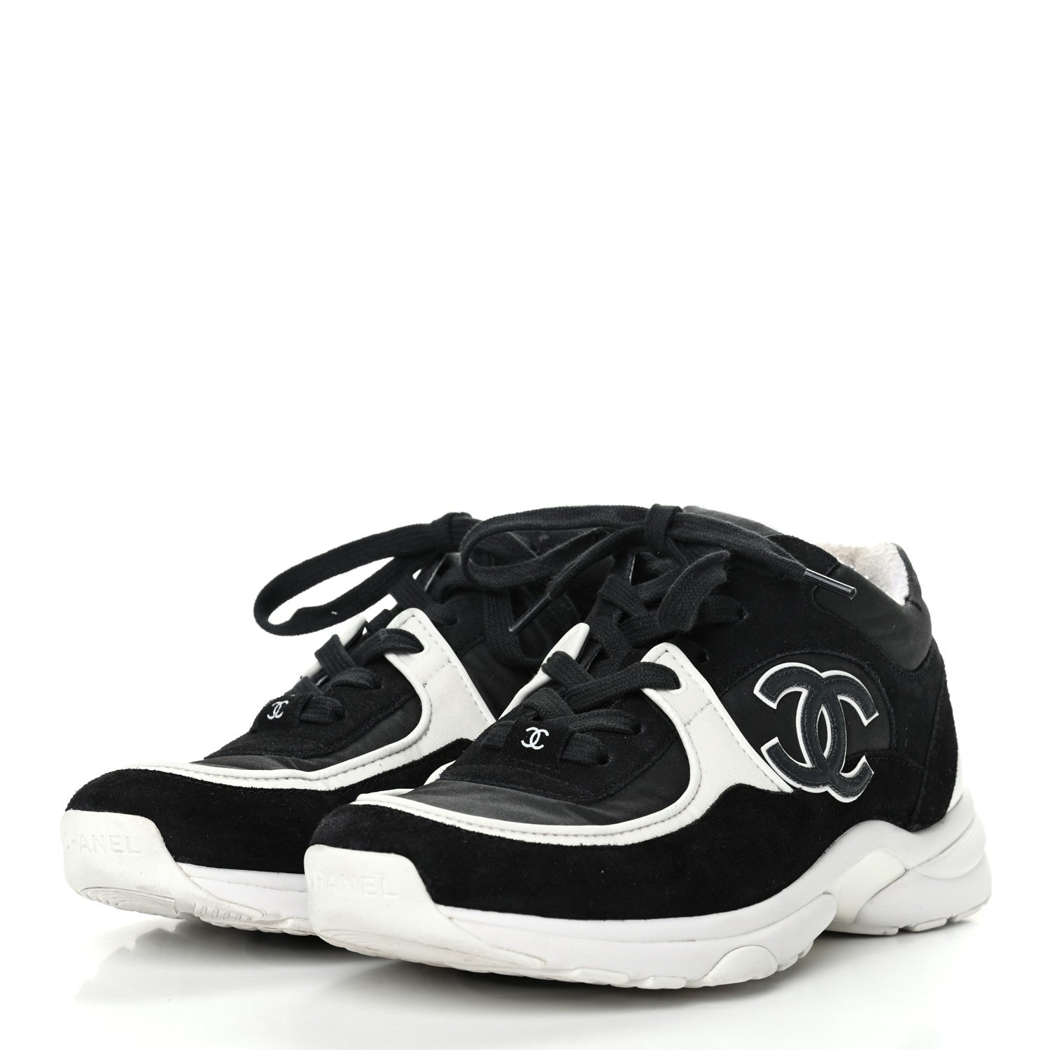 Chanel Nylon Calfskin Suede CC Womens Sneakers 38 Black White 3 of 8
