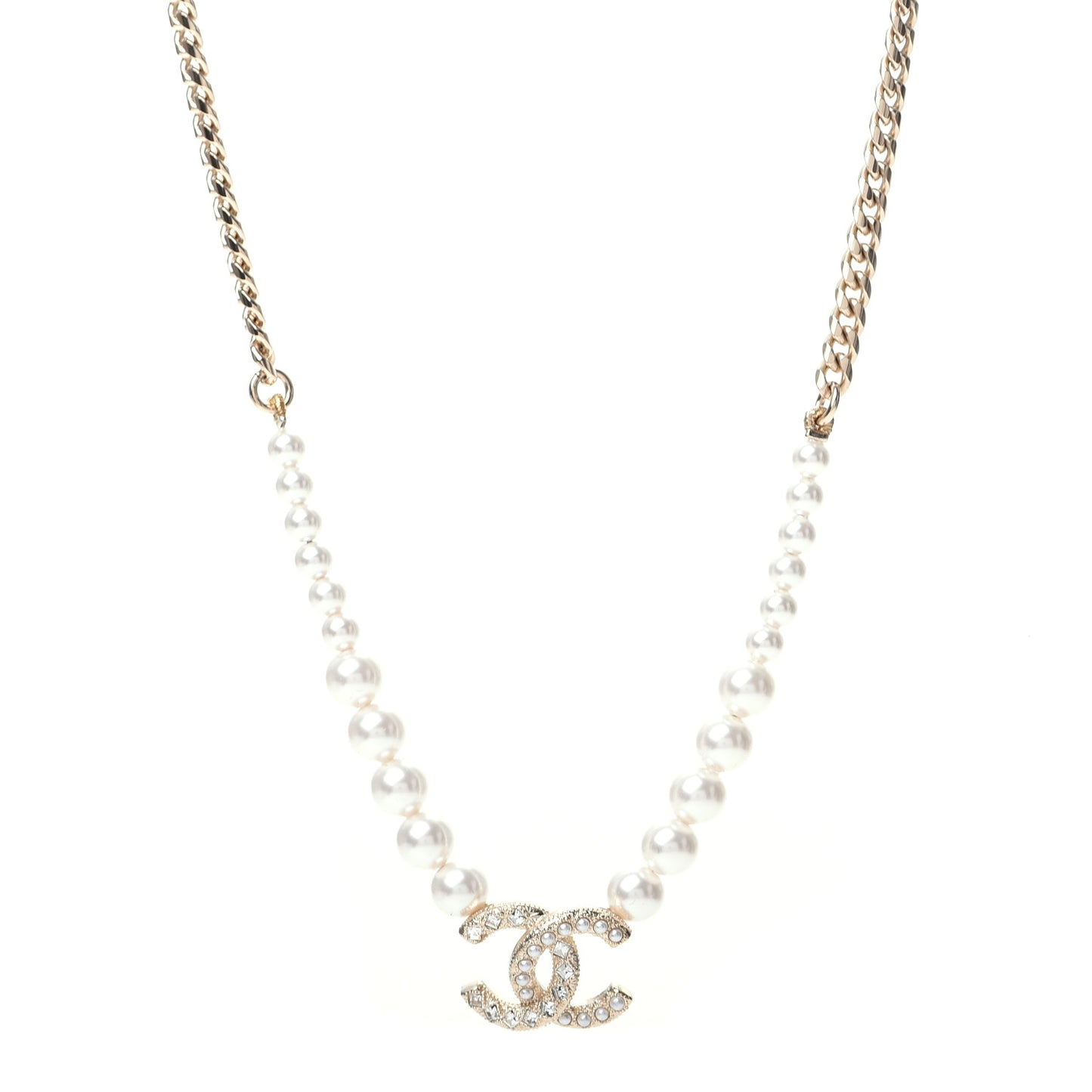 Pearl Crystal Chain CC Necklace Gold