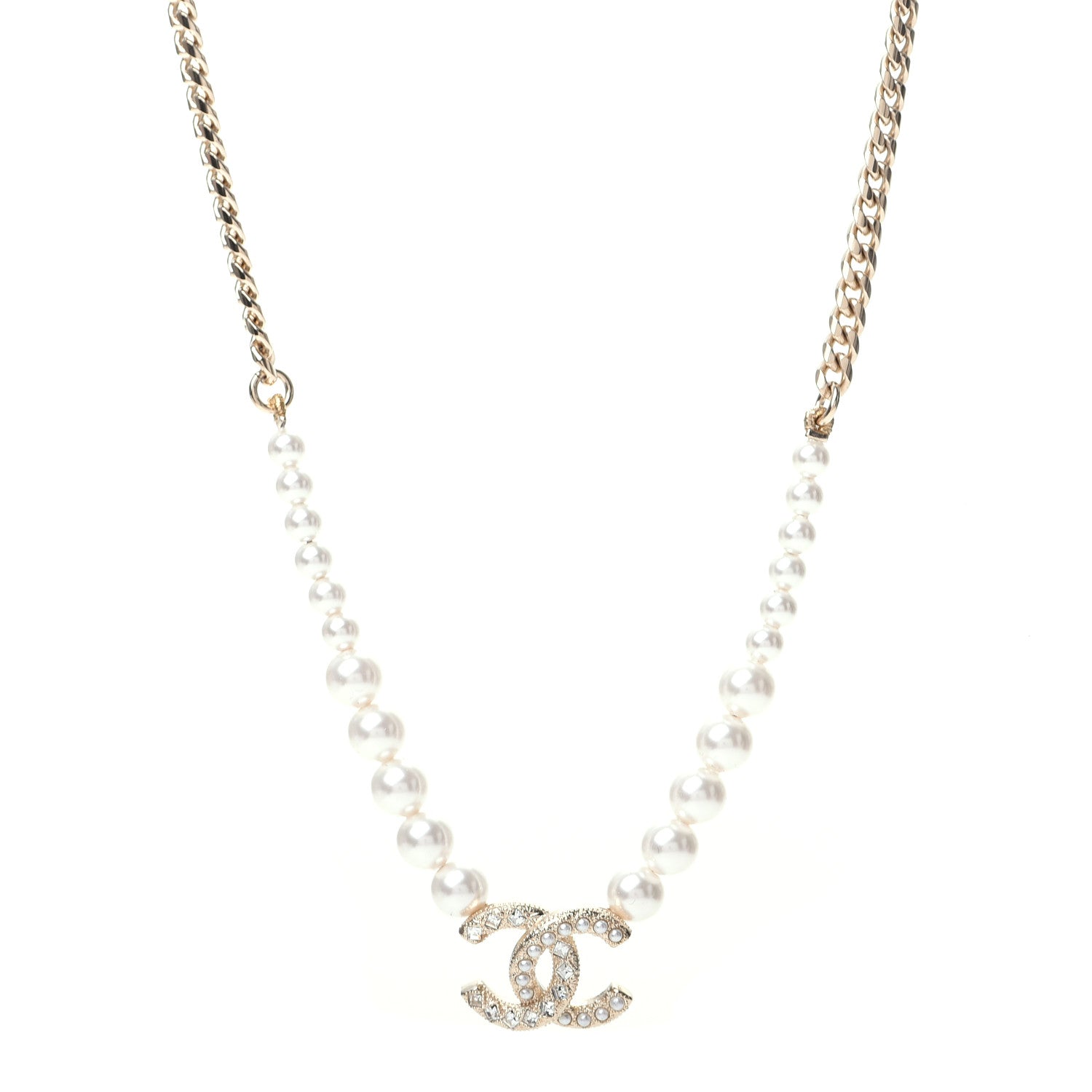 Chanel Pearl Crystal Chain CC Necklace Gold 1 of 6