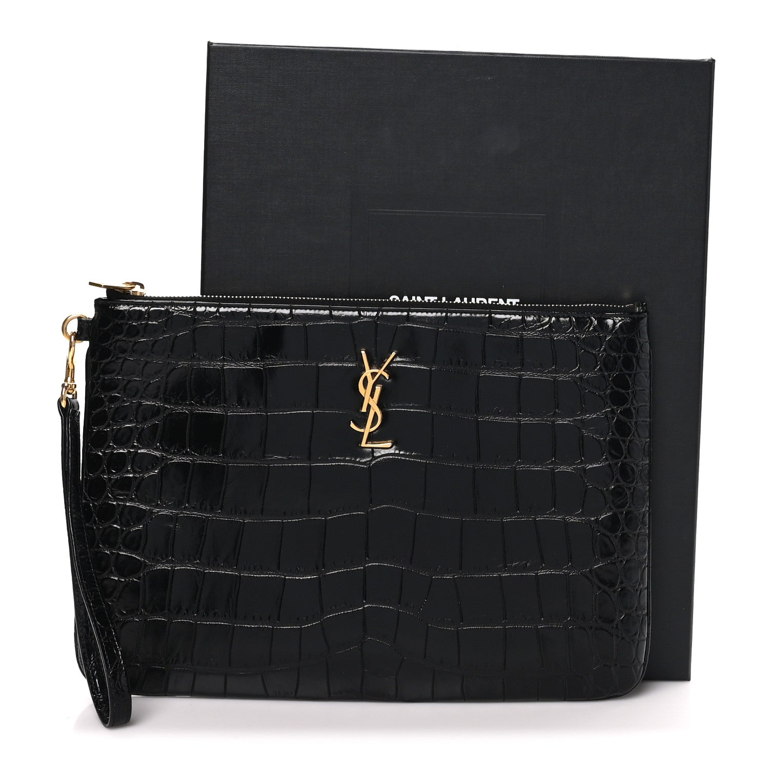 Saint Laurent Calfskin Crocodile Embossed Tablet Pouch Black 9 of 9