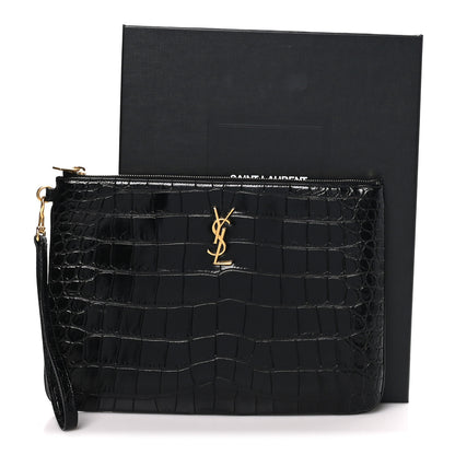 Saint Laurent Calfskin Crocodile Embossed Tablet Pouch Black 9 of 9