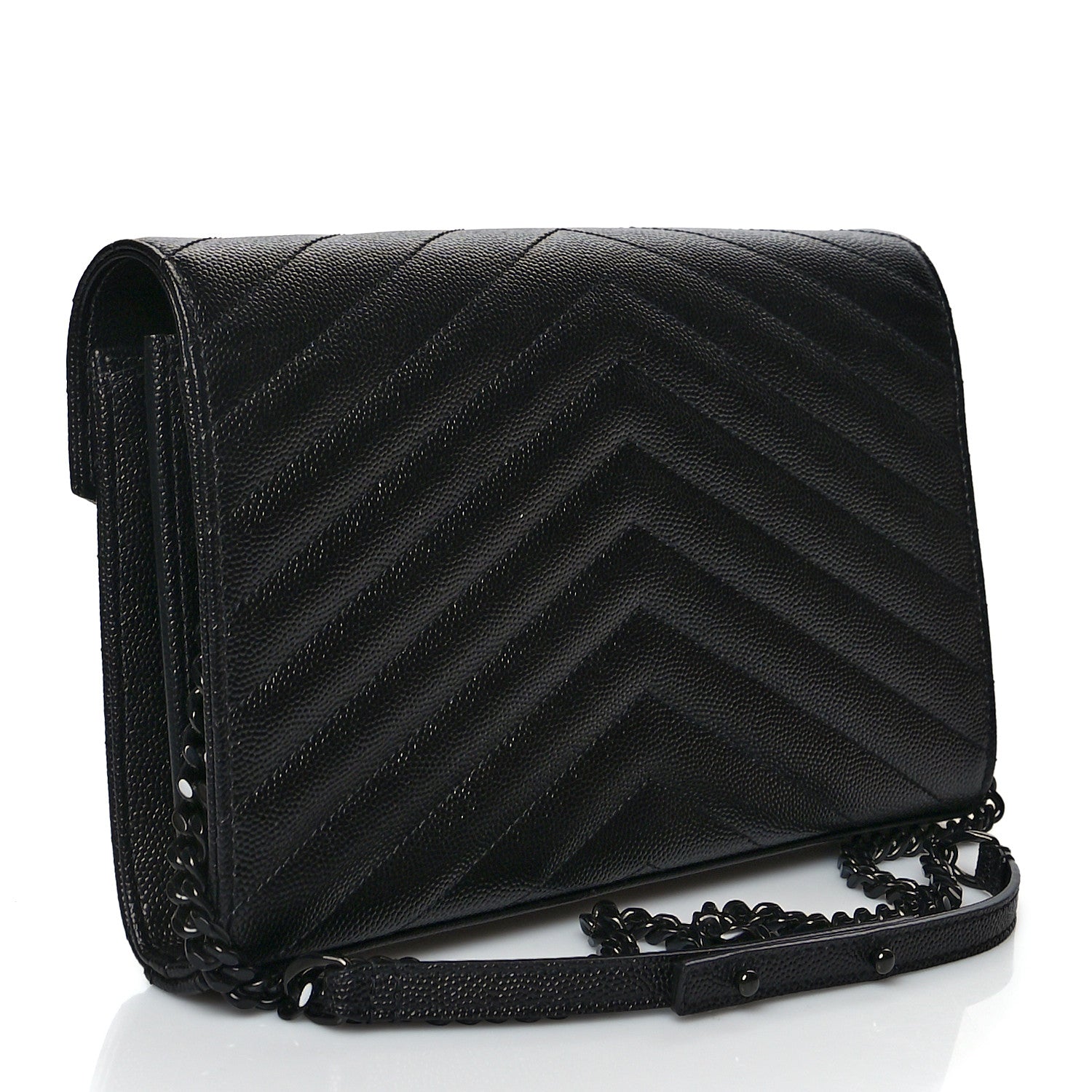 Saint Laurent Grain De Poudre Matelasse Chevron Monogram Chain Wallet Black 3 of 11