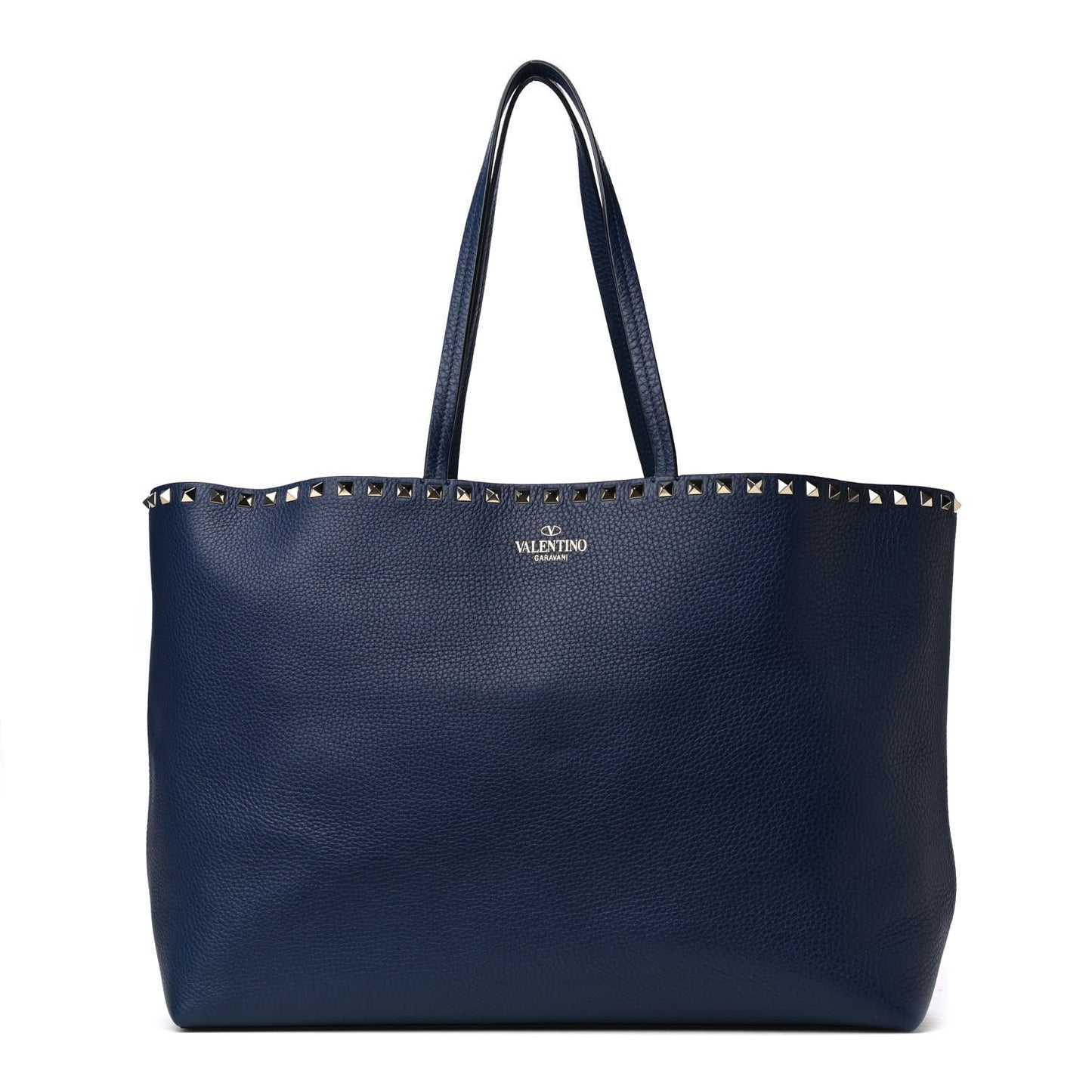Grained Calfskin Rockstud Shoulder Tote Marine