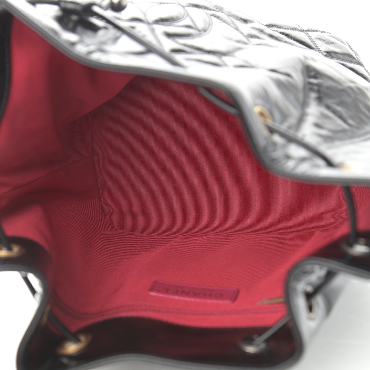 Shiny Aged Calfskin CC Chain Drawstring Bag Black