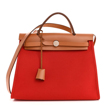 Hermes Vache Hunter Toile Herbag Zip 31 PM Rouge Tomate Natural 1 of 11
