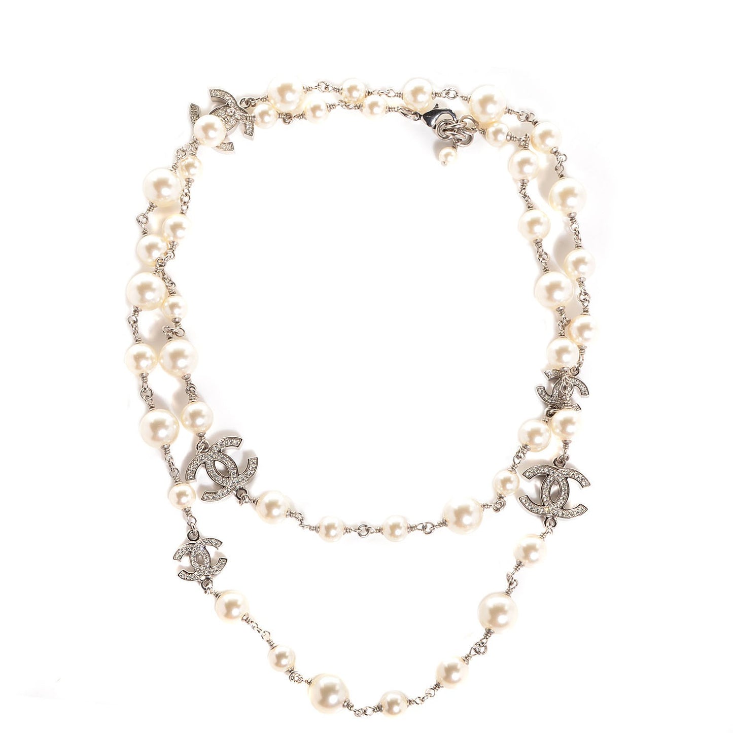 Crystal Pearl CC Long Necklace Silver