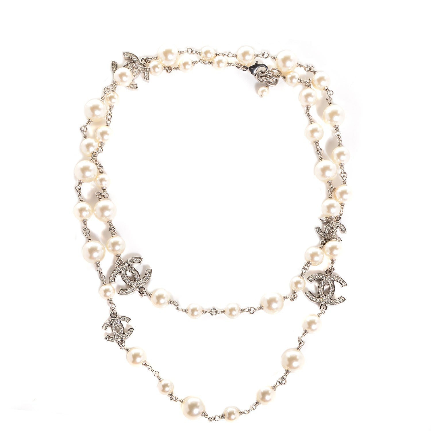 Chanel Crystal Pearl CC Long Necklace Silver 1 of 6