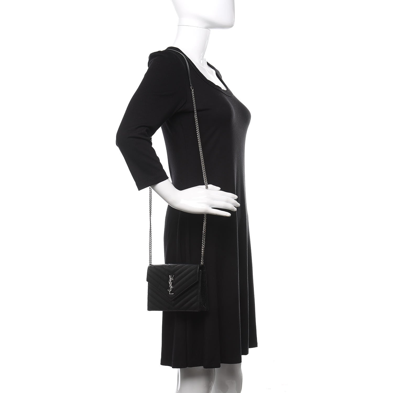 Saint Laurent Grain De Poudre Matelasse Chevron Monogram Envelope Chain Wallet Black 2 of 11