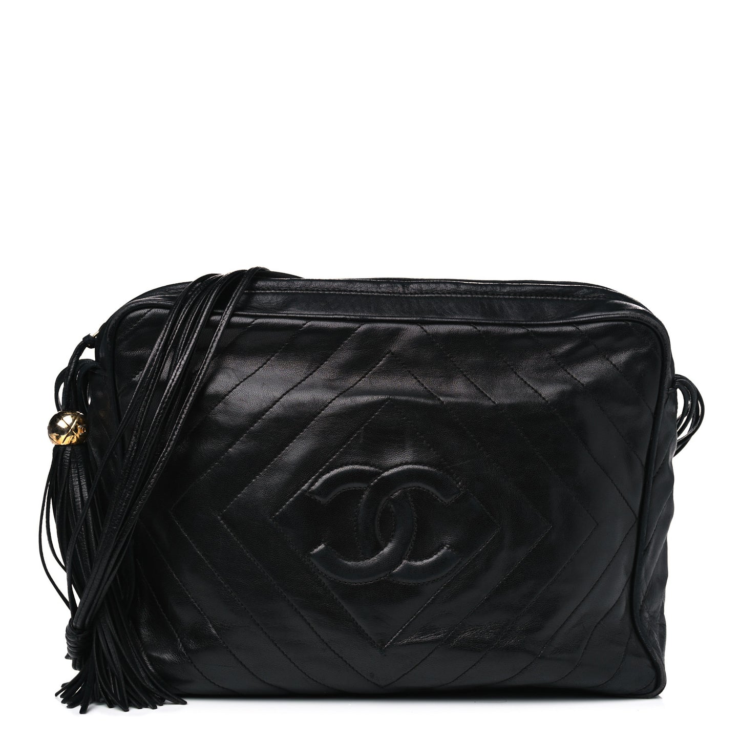 Lambskin Chevron Quilted Tassel Camera Case Black