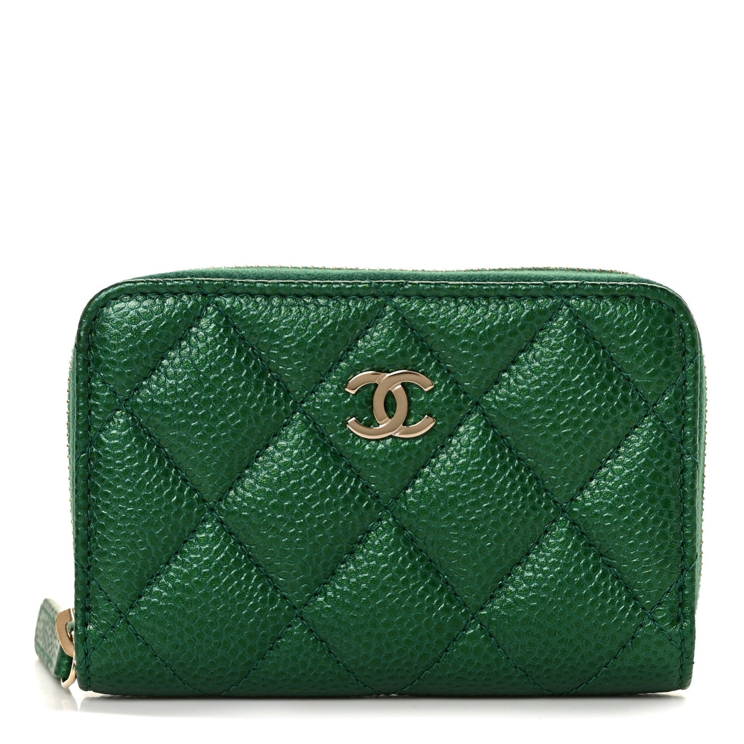 Metallic Caviar Quilted Zip Coin Purse Green