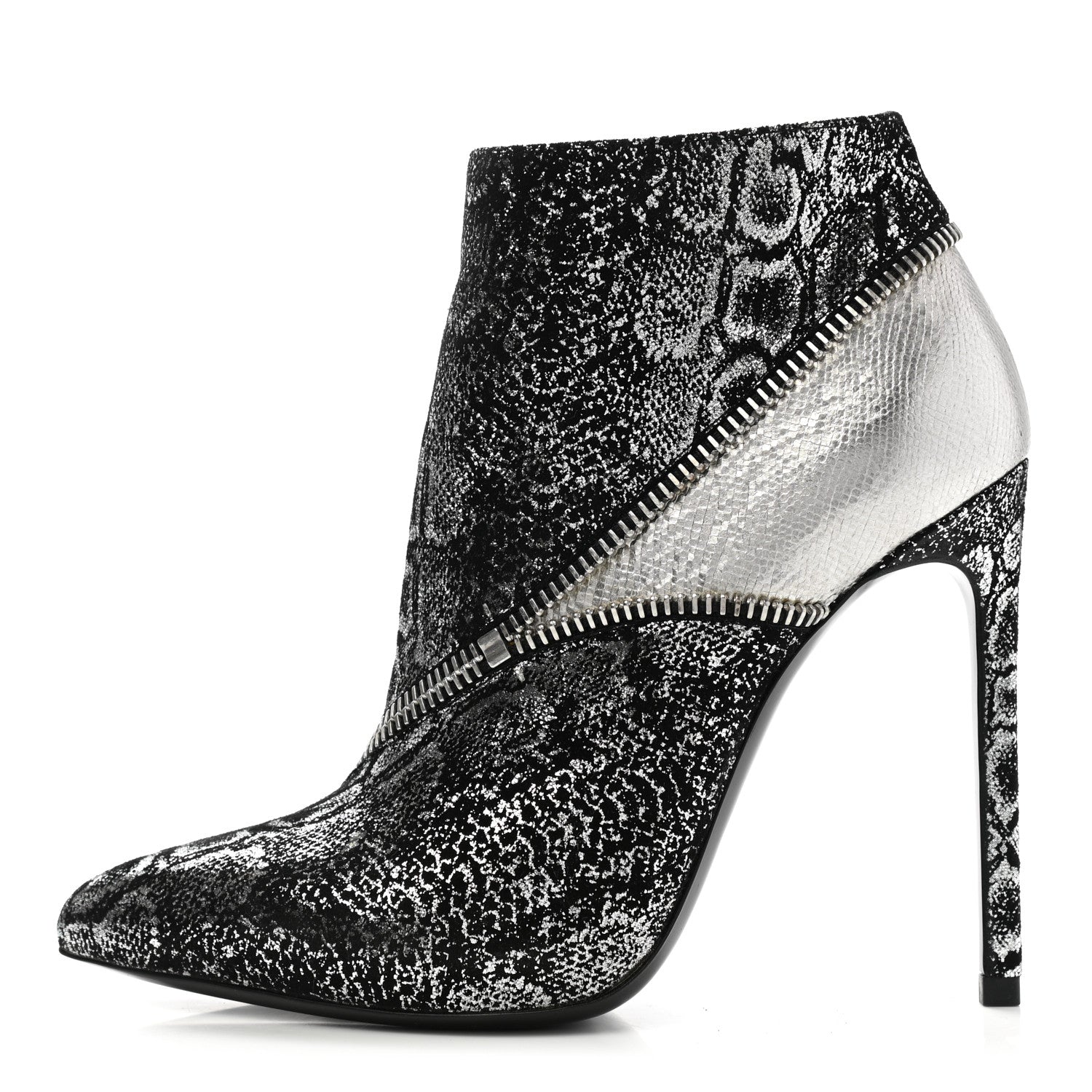Saint Laurent Metallic Snakeskin Embossed Calfskin Pointed Toe Ankle Boots 36.5 Black Silver 1 of 9