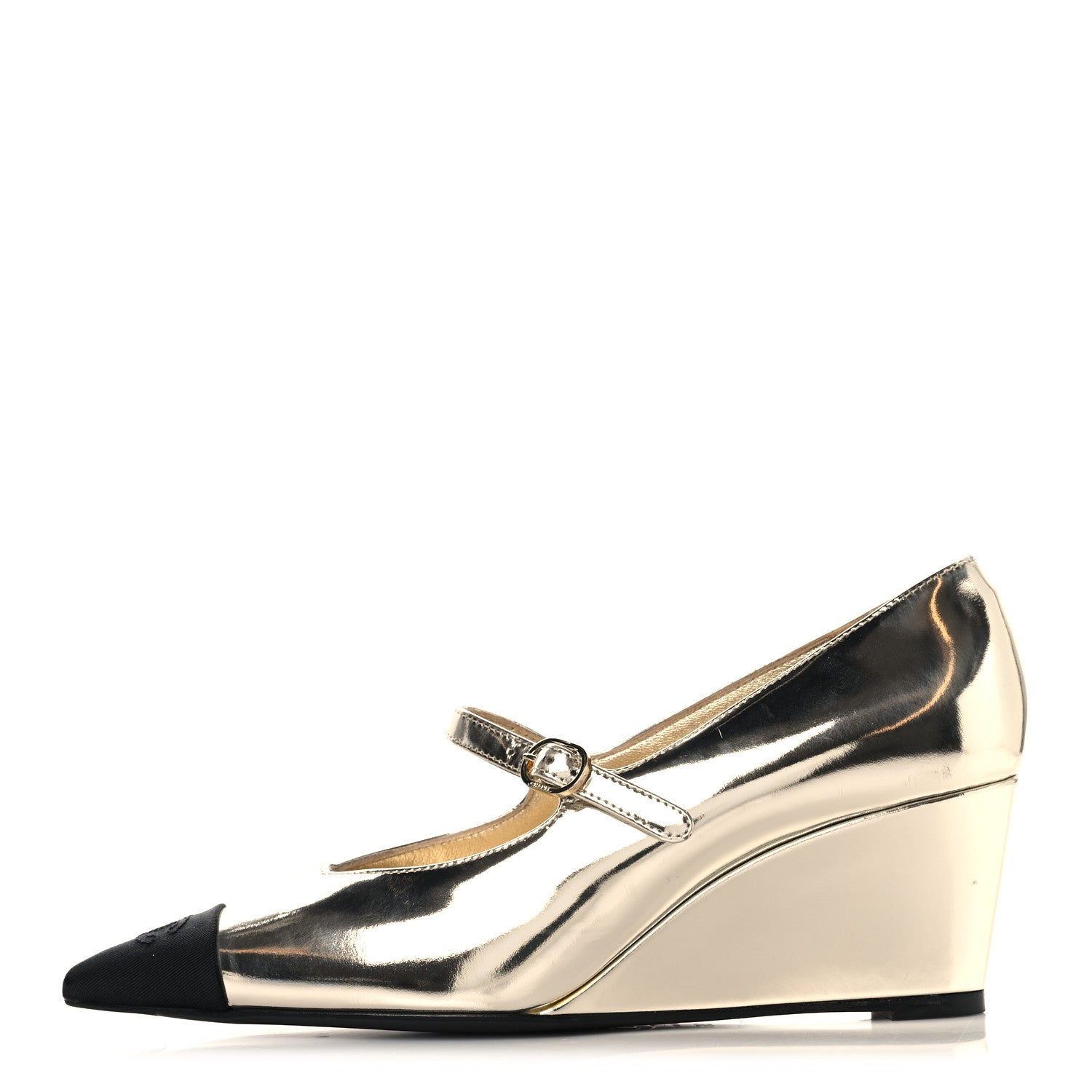 Chanel Laminated Calfskin Grosgrain Cap Toe CC Pointed Toe Wedge Pumps 36 Gold Black 1 of 9