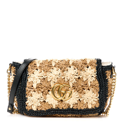 Gucci Raffia Azalea Calfskin Crochet Flower Small GG Marmont Shoulder Bag Natural Ecru Black 1 of 11