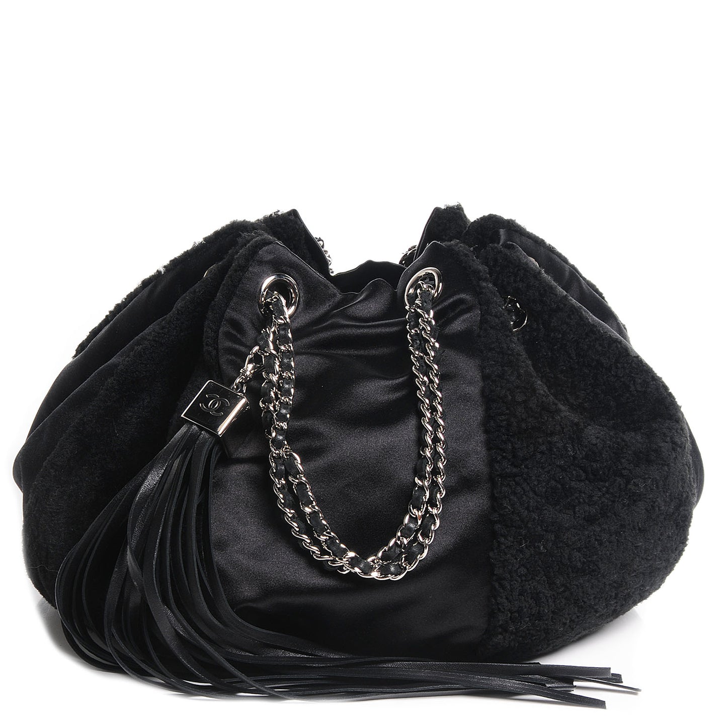 Fur Satin Drawstring Tassel Sac Cordon Shoulder Bag Black