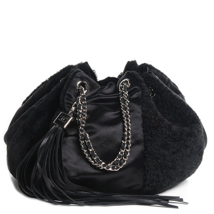 Chanel Fur Satin Drawstring Tassel Sac Cordon Shoulder Bag Black 1 of 7