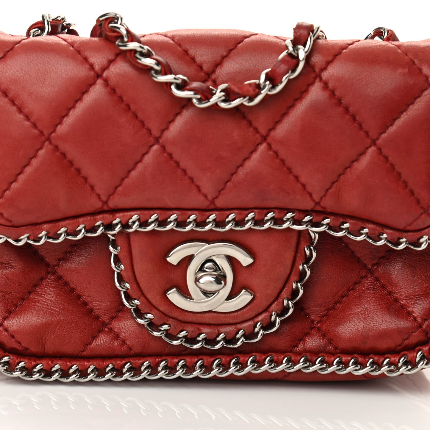 Lambskin Quilted Madison Chain Trim Micro Mini Square Flap Dark Red