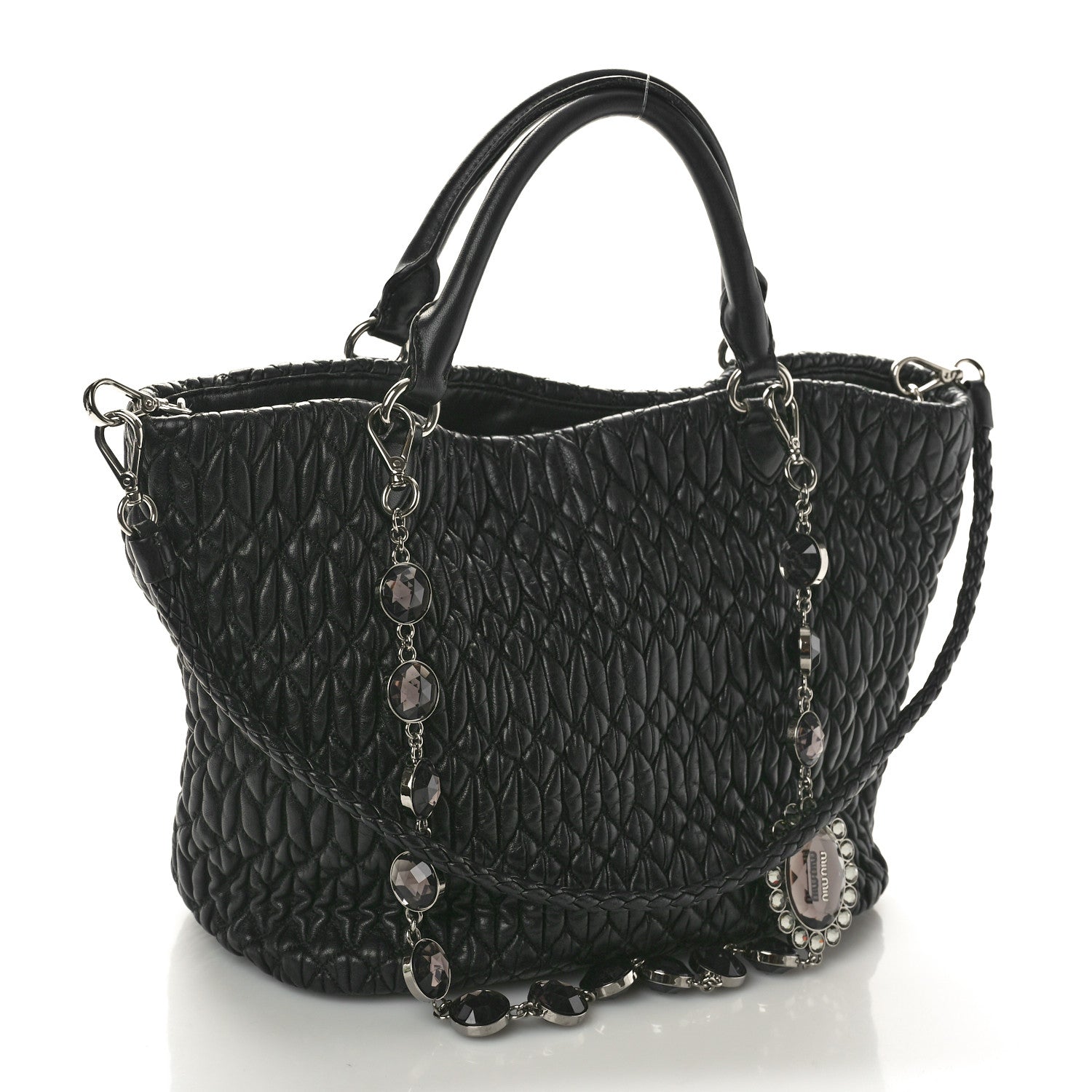 Miu Miu Nappa Matelasse Swarovski Crystal Tote Black 3 of 12
