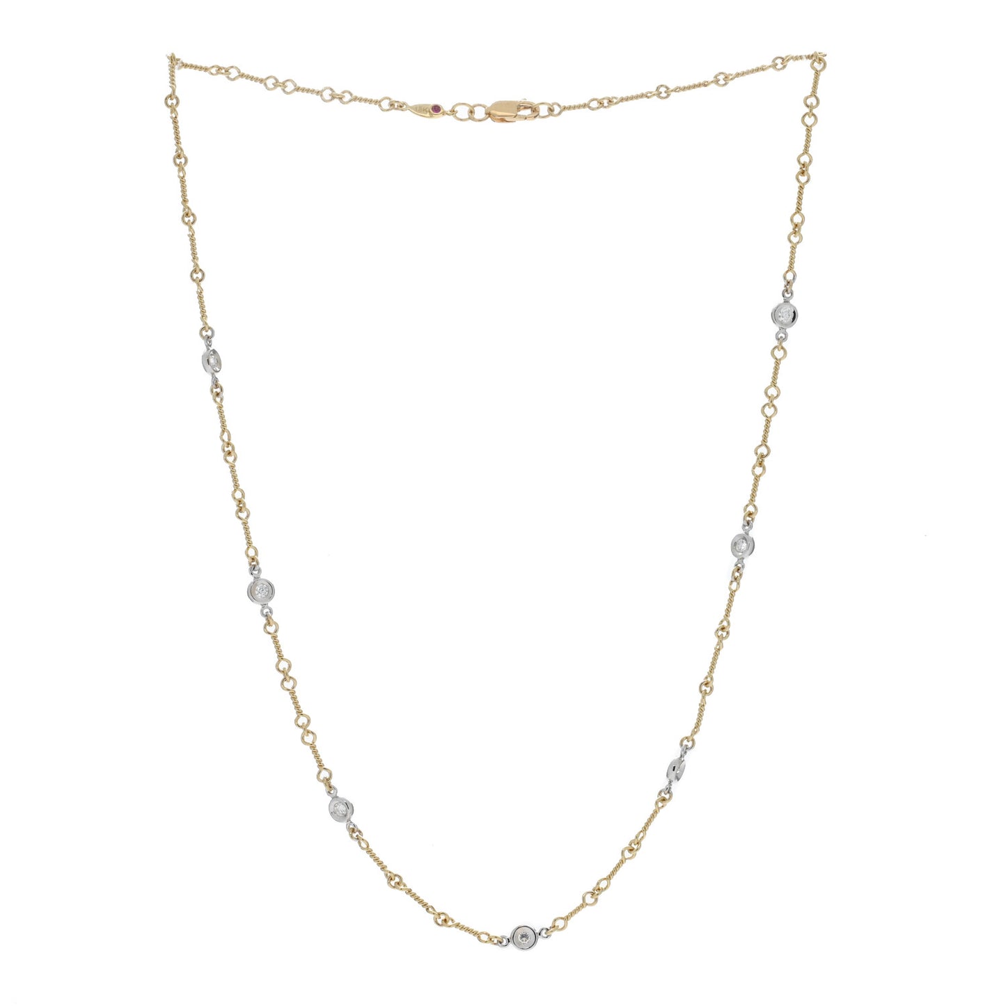 18K Yellow White Gold Diamond By the Inch Seven Station Dog Bone Necklace