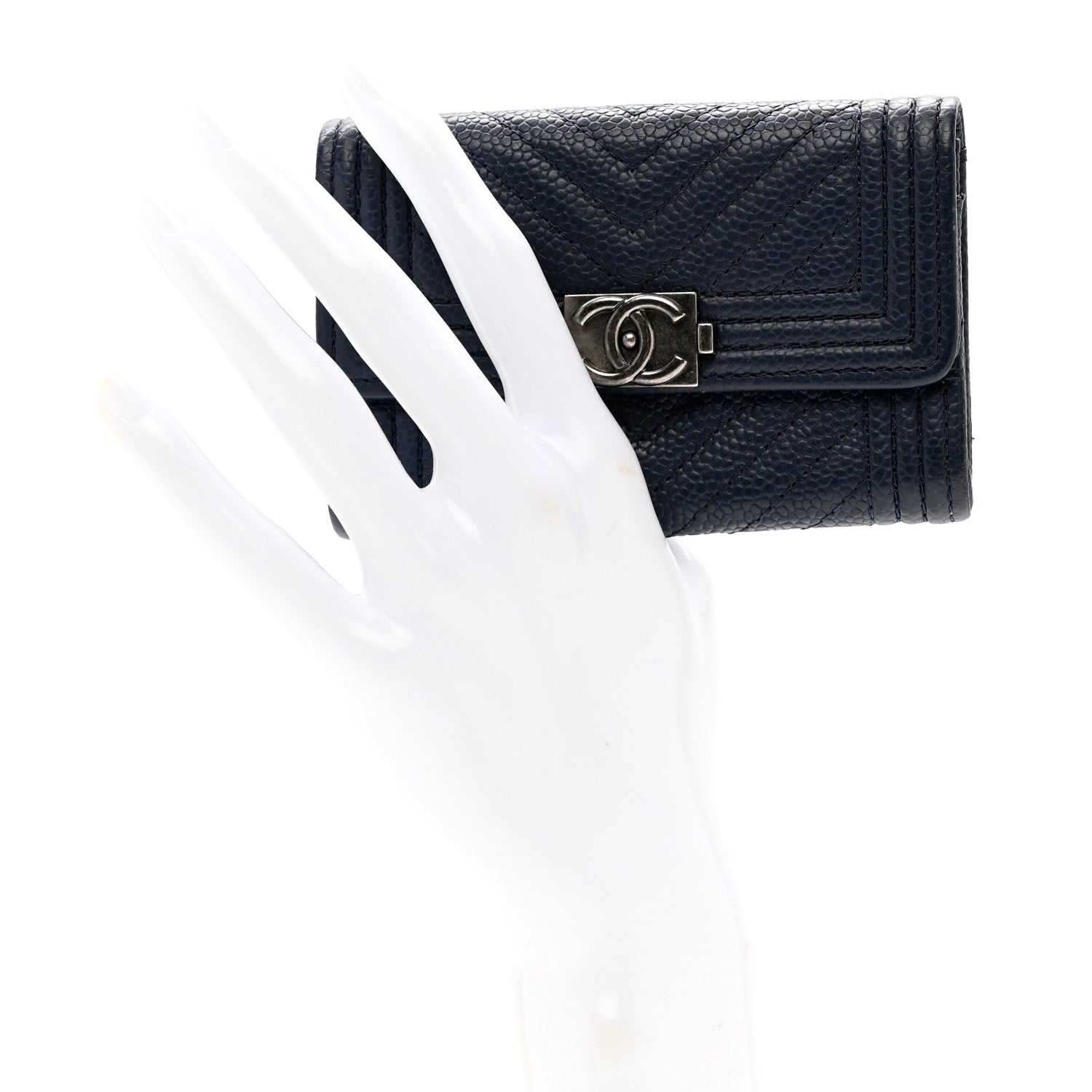 Chanel Caviar Chevron Quilted Boy Card Holder Wallet Navy Blue 2 of 8