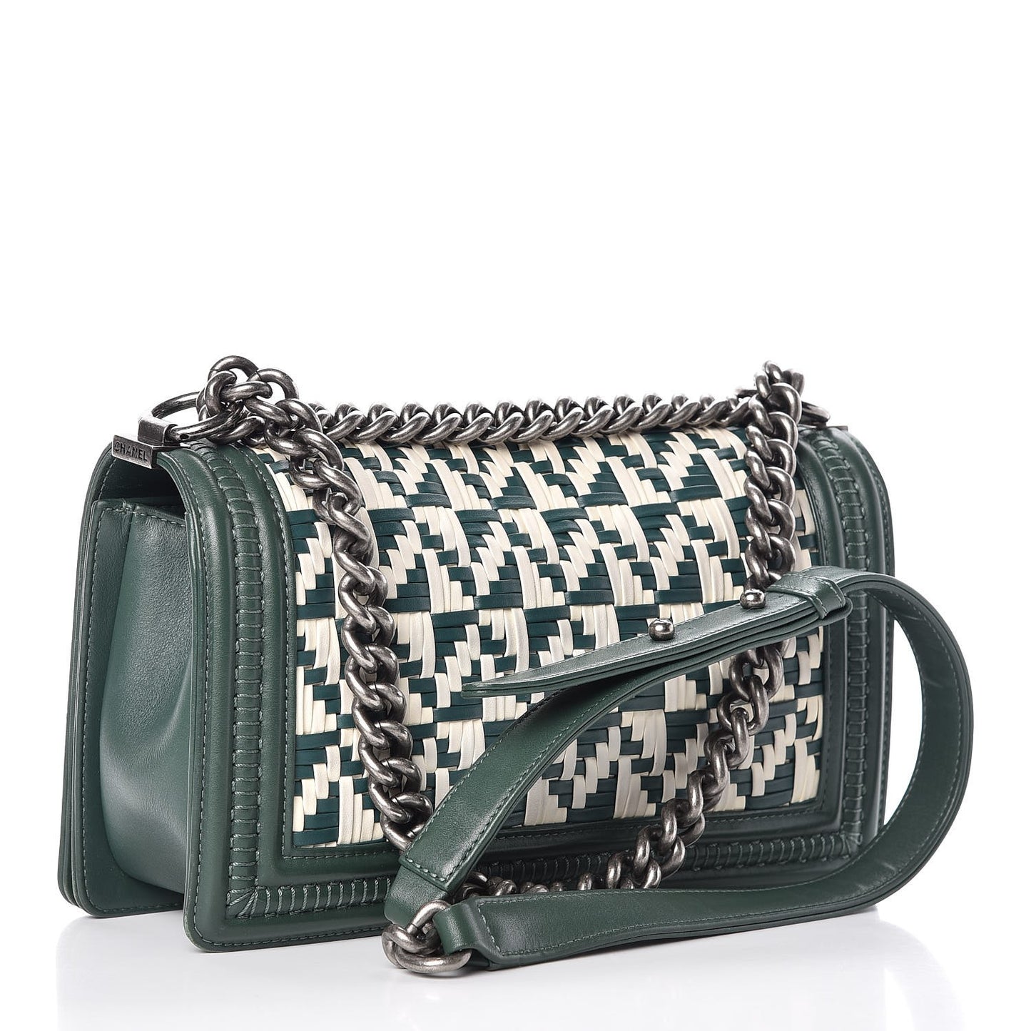Calfskin Woven Medium Boy Flap Green White