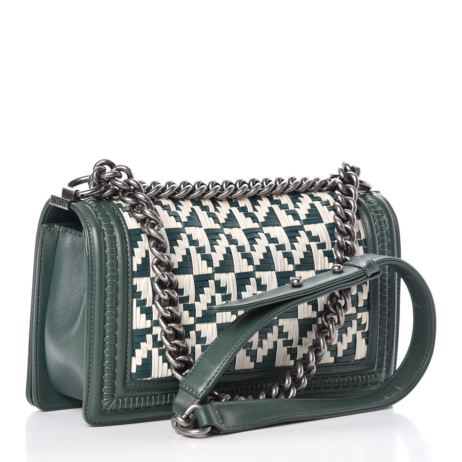 Chanel Calfskin Woven Medium Boy Flap Green White 3 of 14