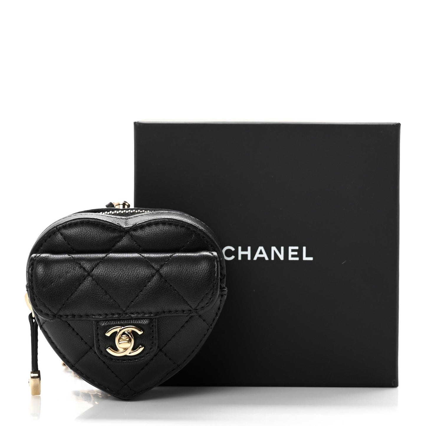 Lambskin Quilted CC In Love Heart Coin Purse With Chain Black