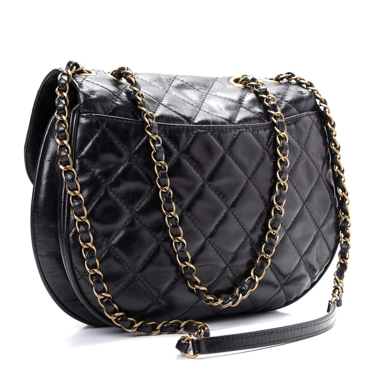 Glazed Calfskin Quilted Medium Bubble CC Flap Black